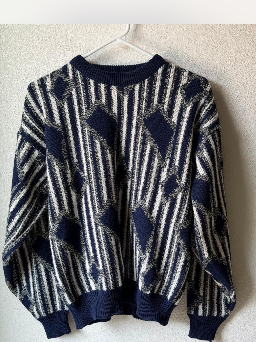 Navy and Cream Geometric Stripe Crewneck Sweater
